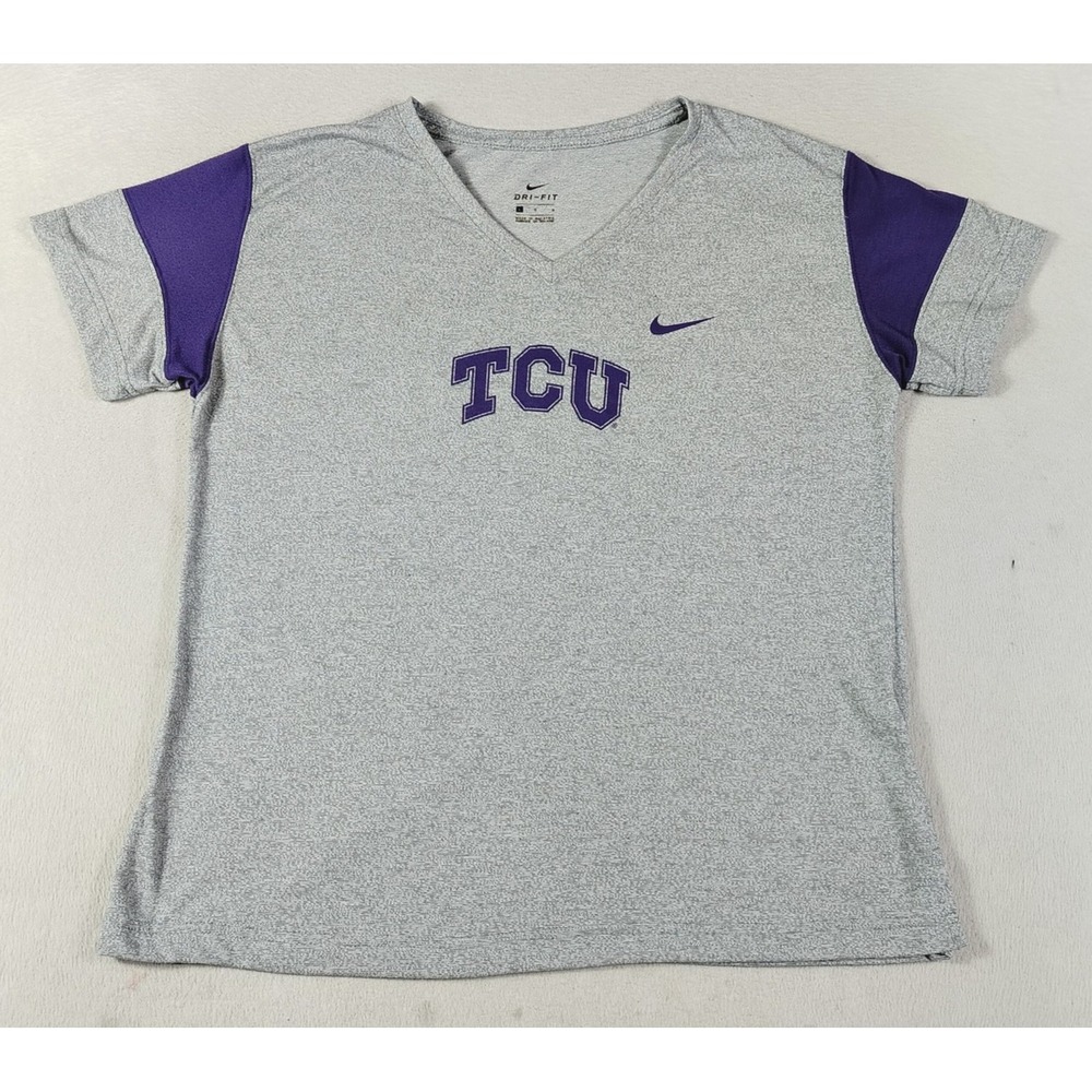 TCU Horned Frogs Shirt Womens Large Gray NCAA College Nike Dri Fit V Neck